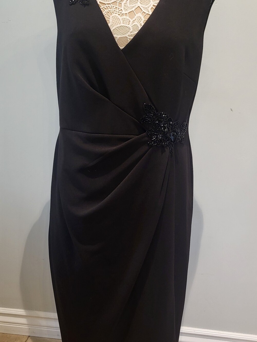 Signature by Sangria Sexy LBD Midi Dress Black with Beaded Accent sz 16